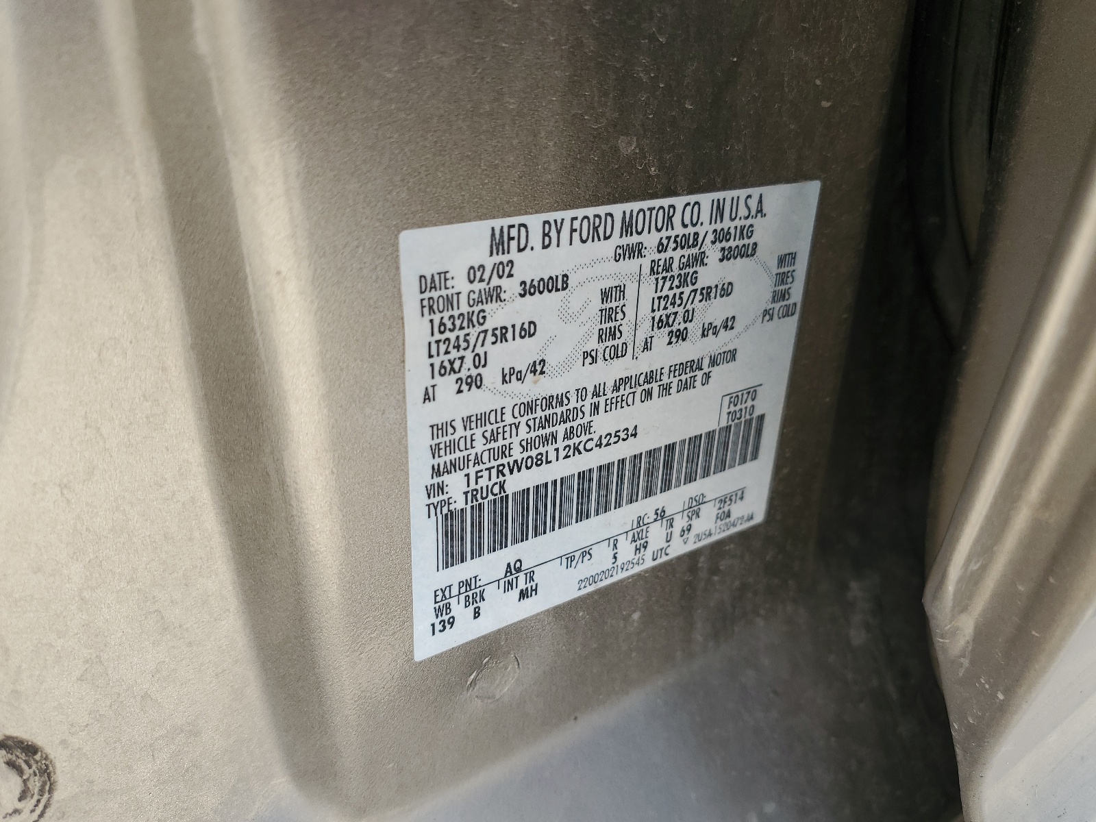 1FTRW08L12KC42534 2002 Ford F150 Supercrew