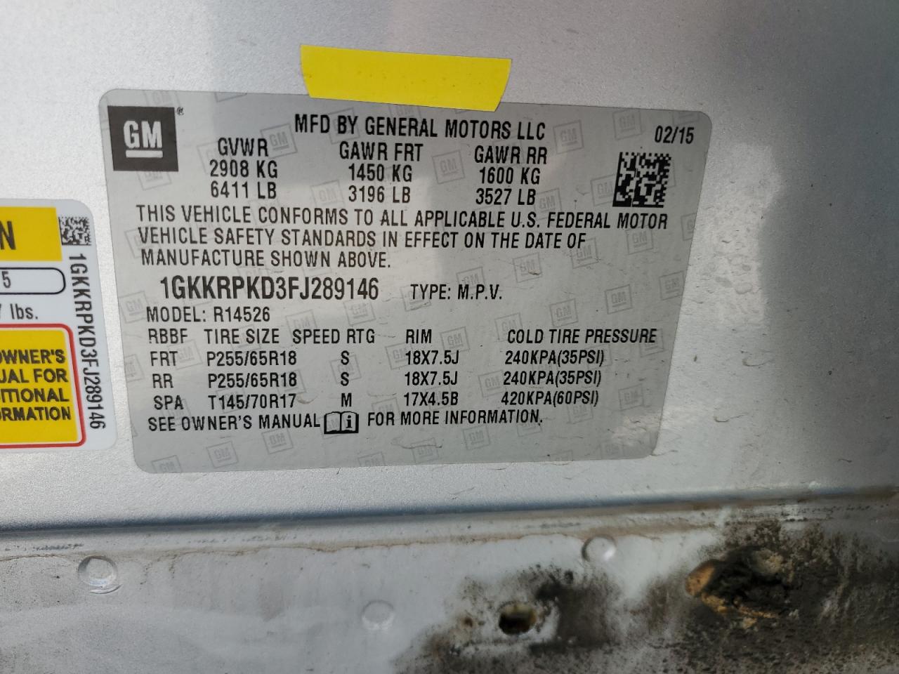 1GKKRPKD3FJ289146 2015 GMC Acadia Sle