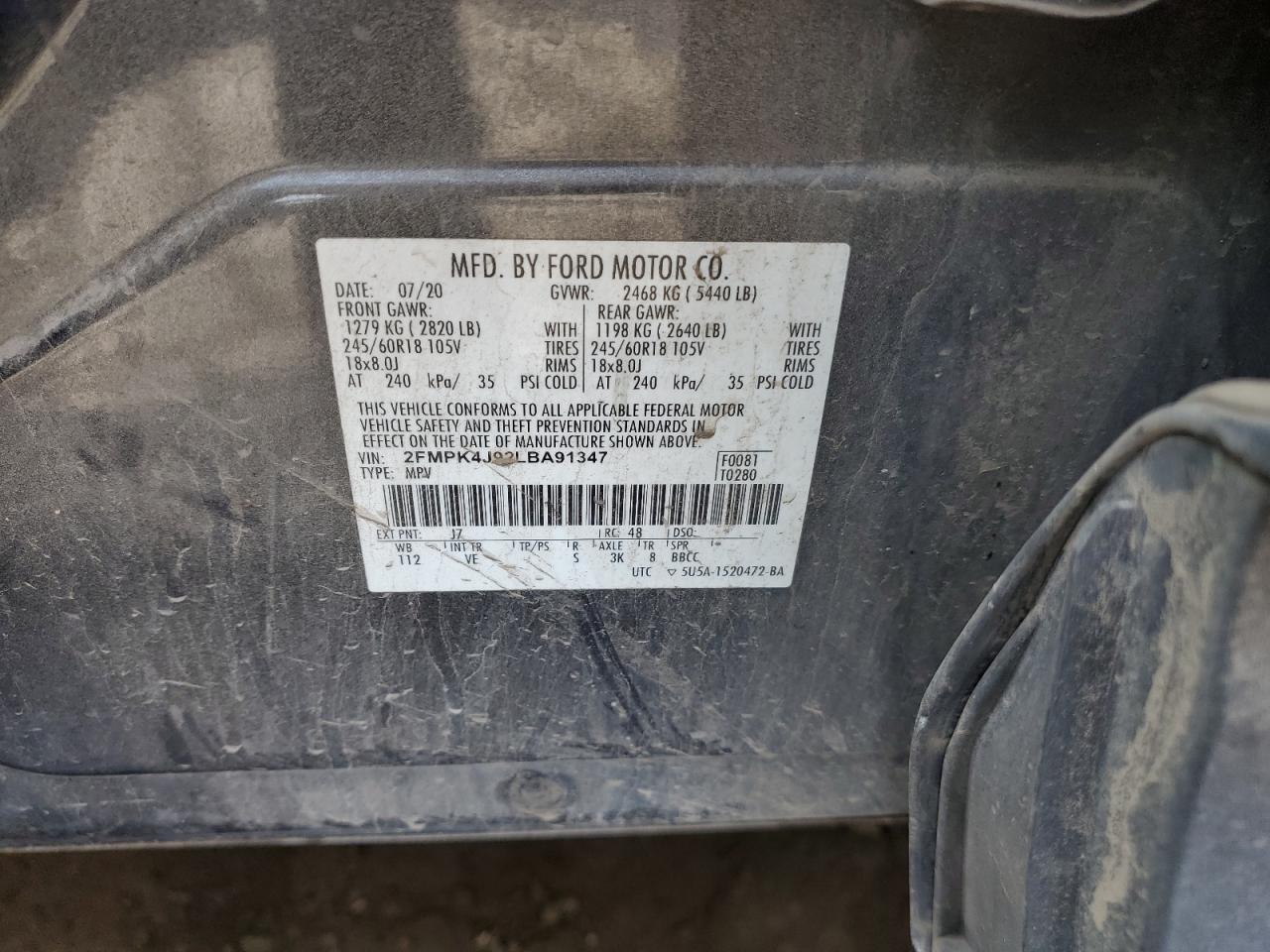 2020 Ford Edge Sel VIN: 2FMPK4J92LBA91347 Lot: 52734384