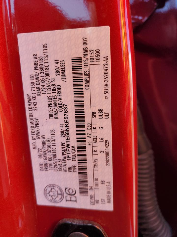 2022 Ford F150 Supercrew VIN: 1FTFW1E58NKE57637 Lot: 51272184