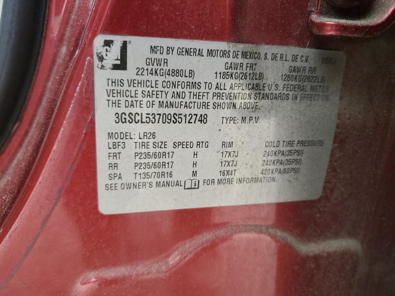 2009 Saturn Vue Xr VIN: 3GSCL53709S512748 Lot: 60261955