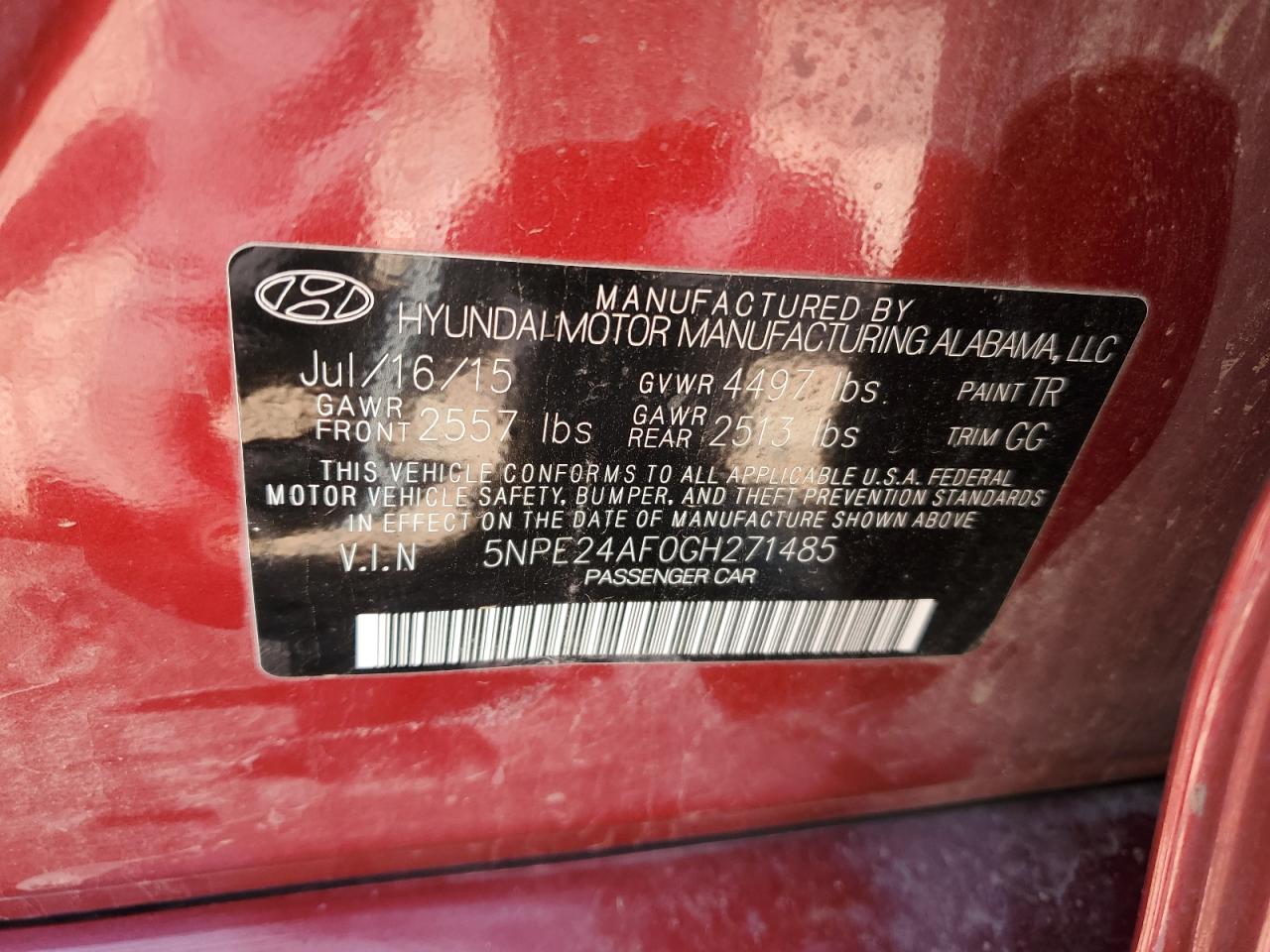 2016 Hyundai Sonata Se VIN: 5NPE24AF0GH271485 Lot: 53079484