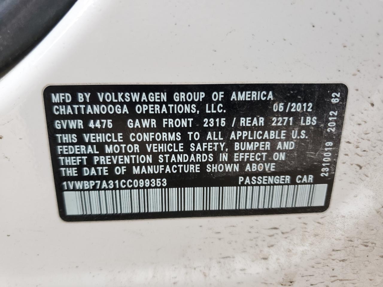 2012 Volkswagen Passat Se VIN: 1VWBP7A31CC099353 Lot: 52957074