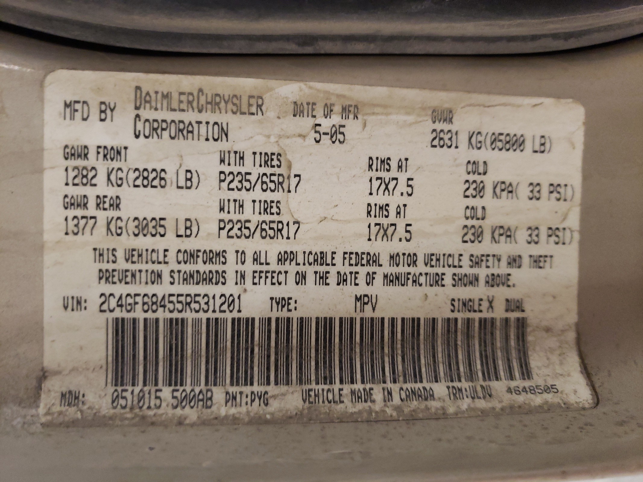 2C4GF68455R531201 2005 Chrysler Pacifica Touring