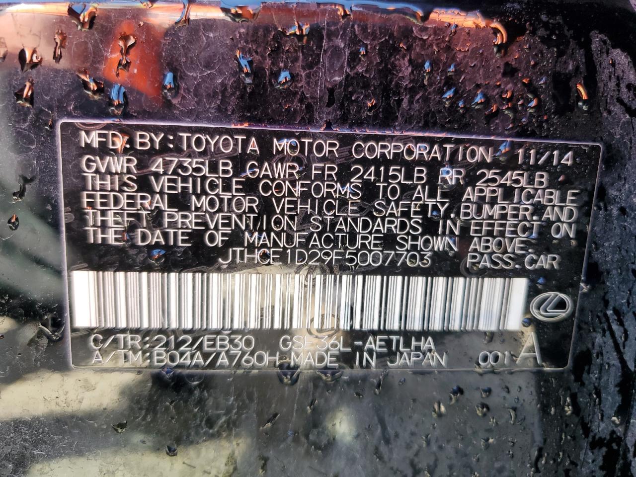 2015 Lexus Is 350 VIN: JTHCE1D29F5007703 Lot: 49548504