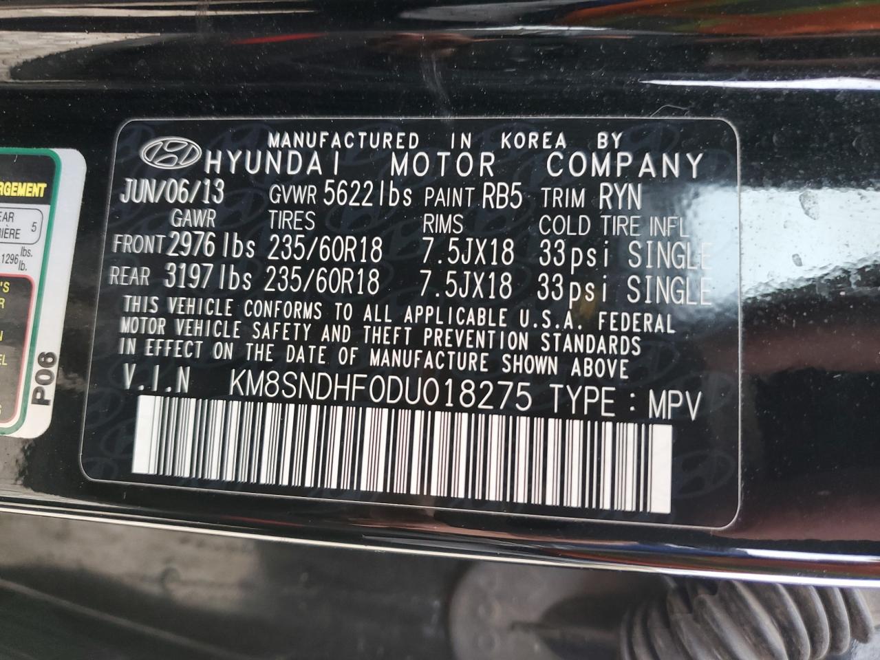 KM8SNDHF0DU018275 2013 Hyundai Santa Fe Gls