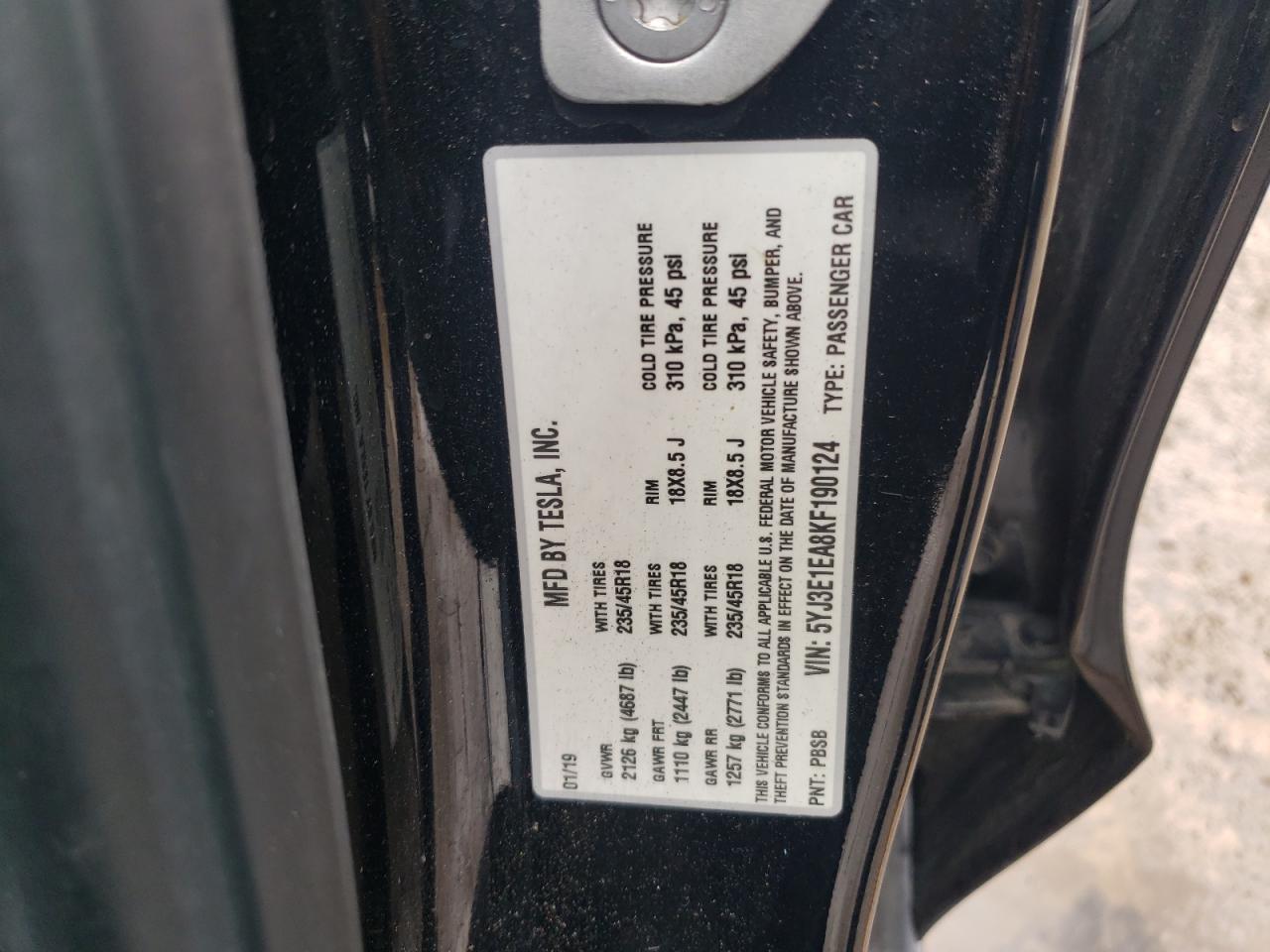 5YJ3E1EA8KF190124 2019 Tesla Model 3