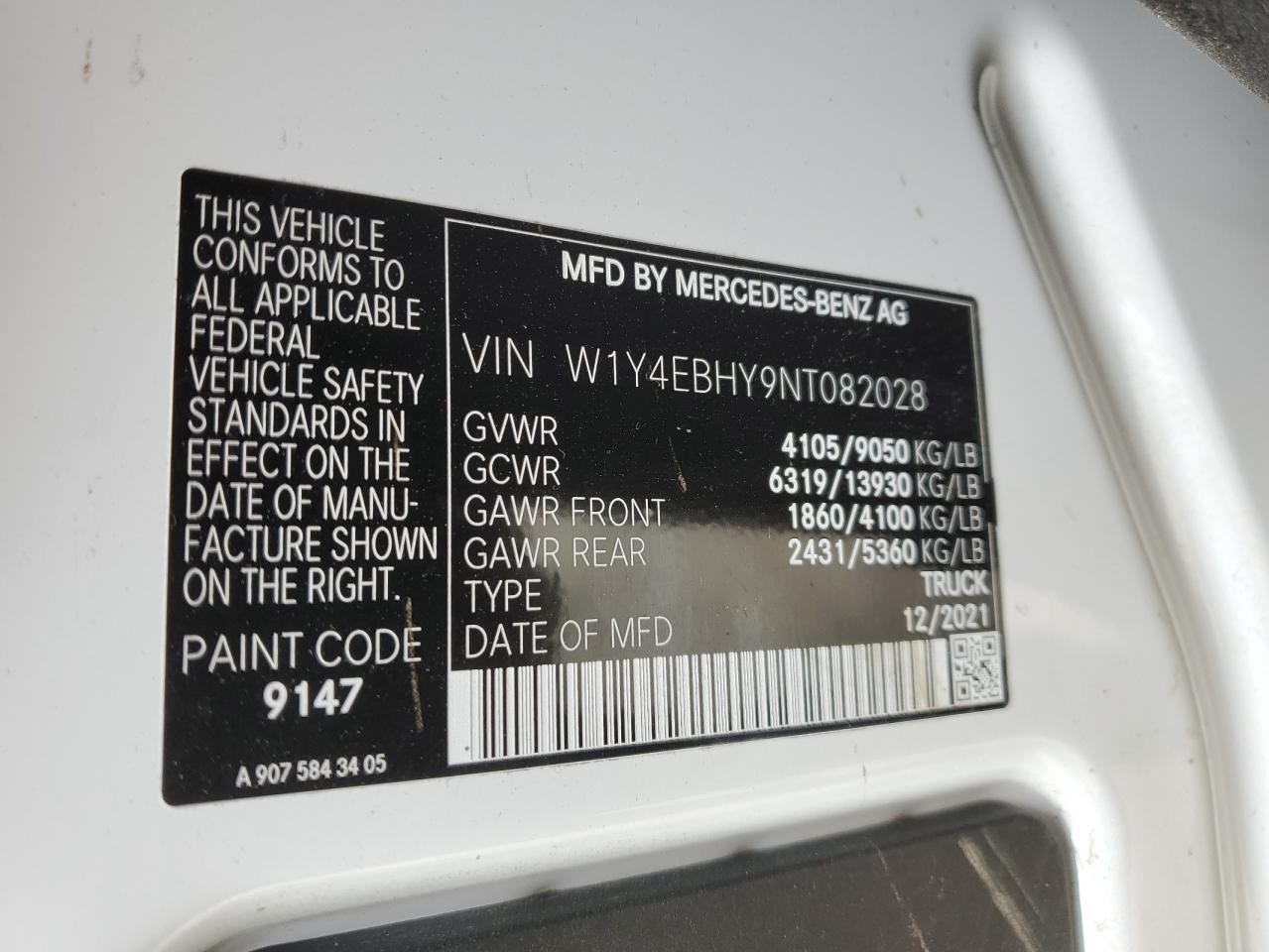 2022 Mercedes-Benz Sprinter 2500 VIN: W1Y4EBHY9NT082028 Lot: 52444004