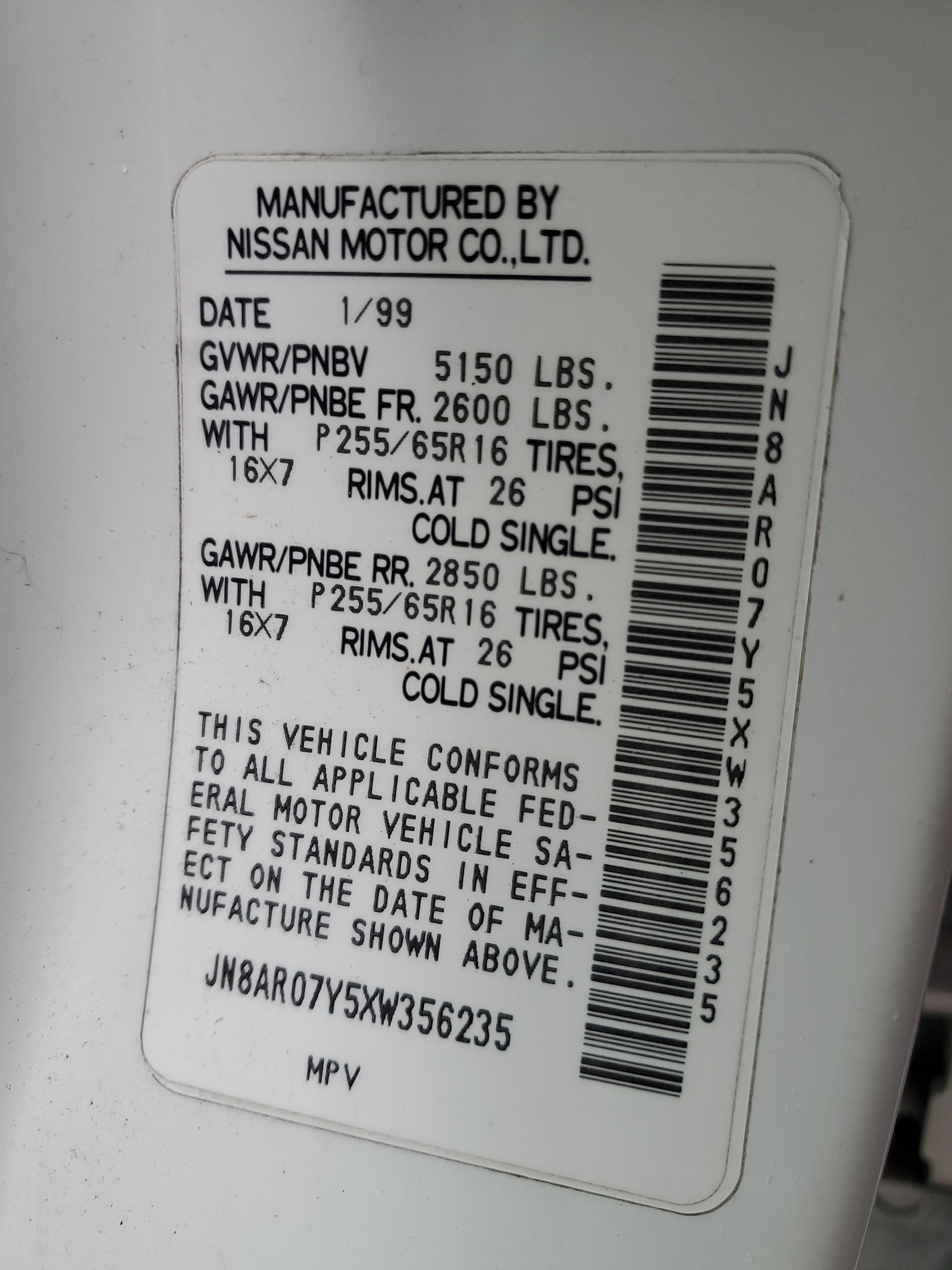 JN8AR07Y5XW356235 1999 Nissan Pathfinder Le