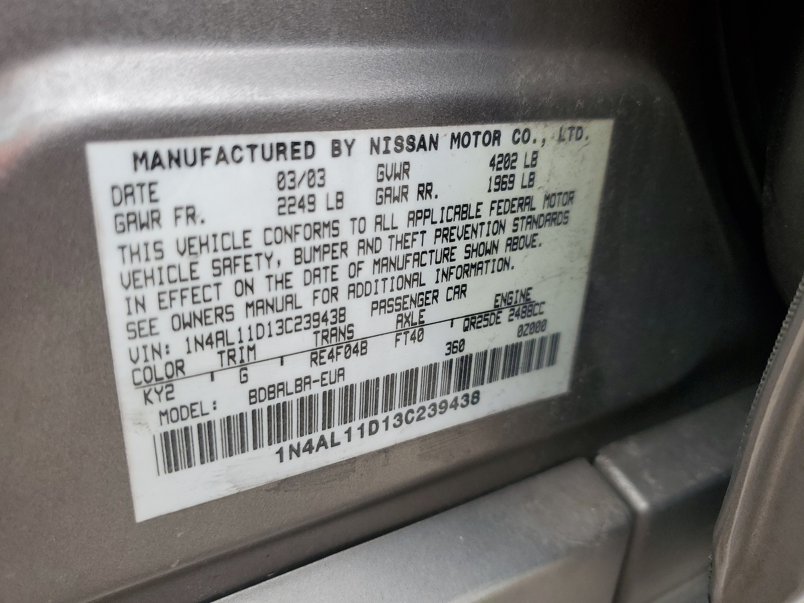1N4AL11D13C239438 2003 Nissan Altima Base
