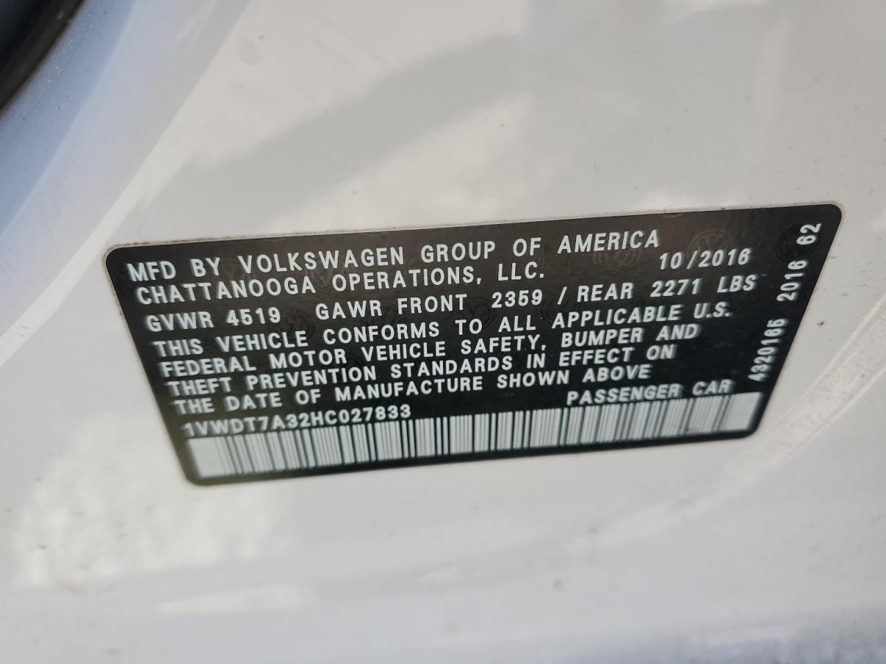 2017 Volkswagen Passat R-Line VIN: 1VWDT7A32HC027833 Lot: 52186324