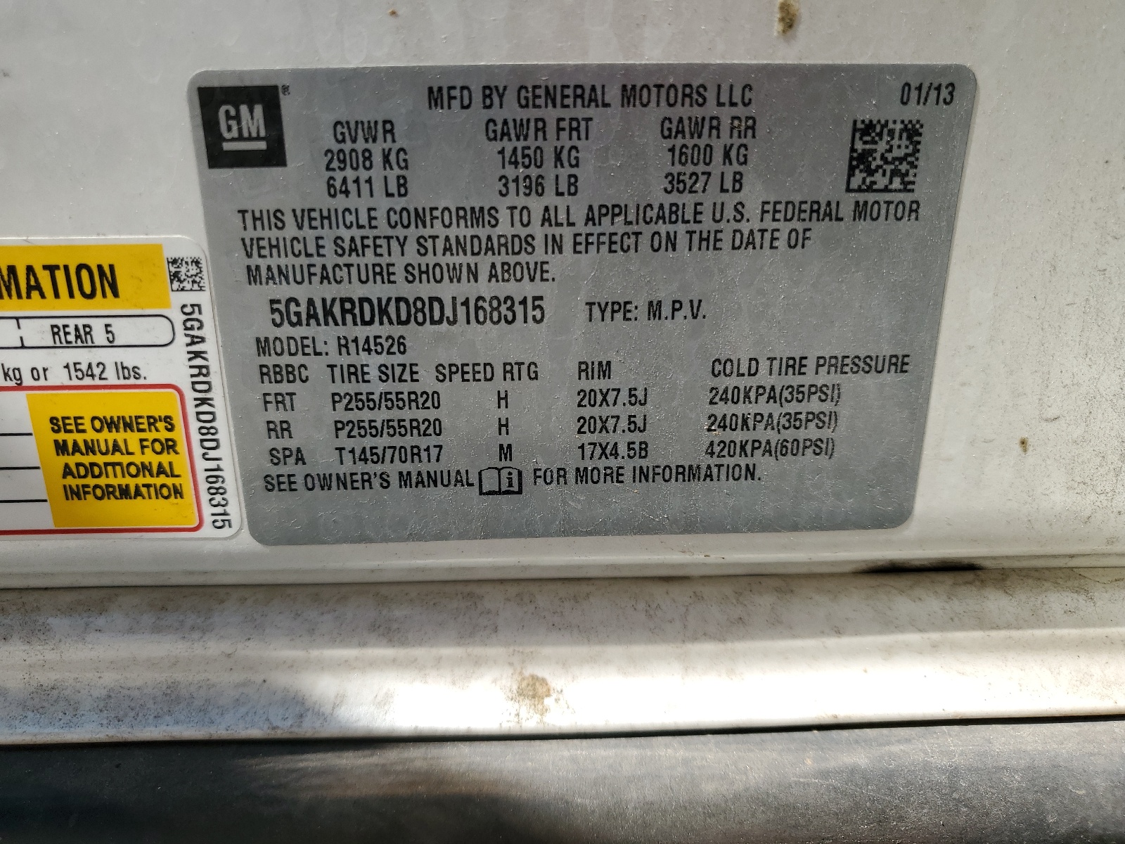 5GAKRDKD8DJ168315 2013 Buick Enclave