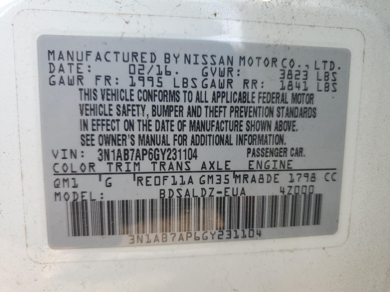 3N1AB7AP6GY231104 2016 Nissan Sentra S