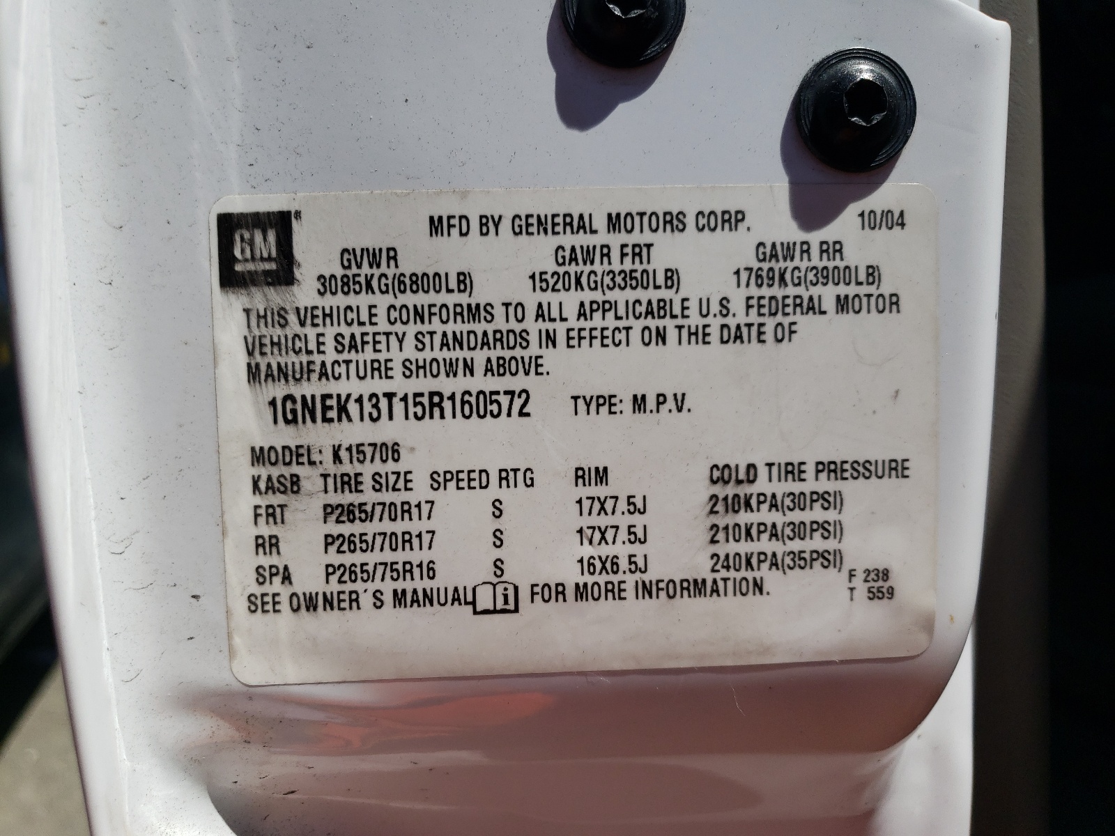 1GNEK13T15R160572 2005 Chevrolet Tahoe K1500