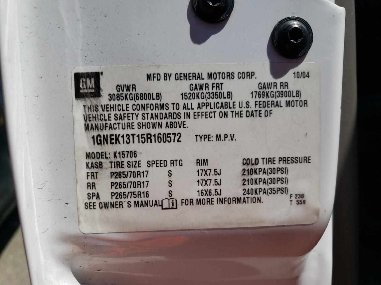 2005 Chevrolet Tahoe K1500 VIN: 1GNEK13T15R160572 Lot: 52240354