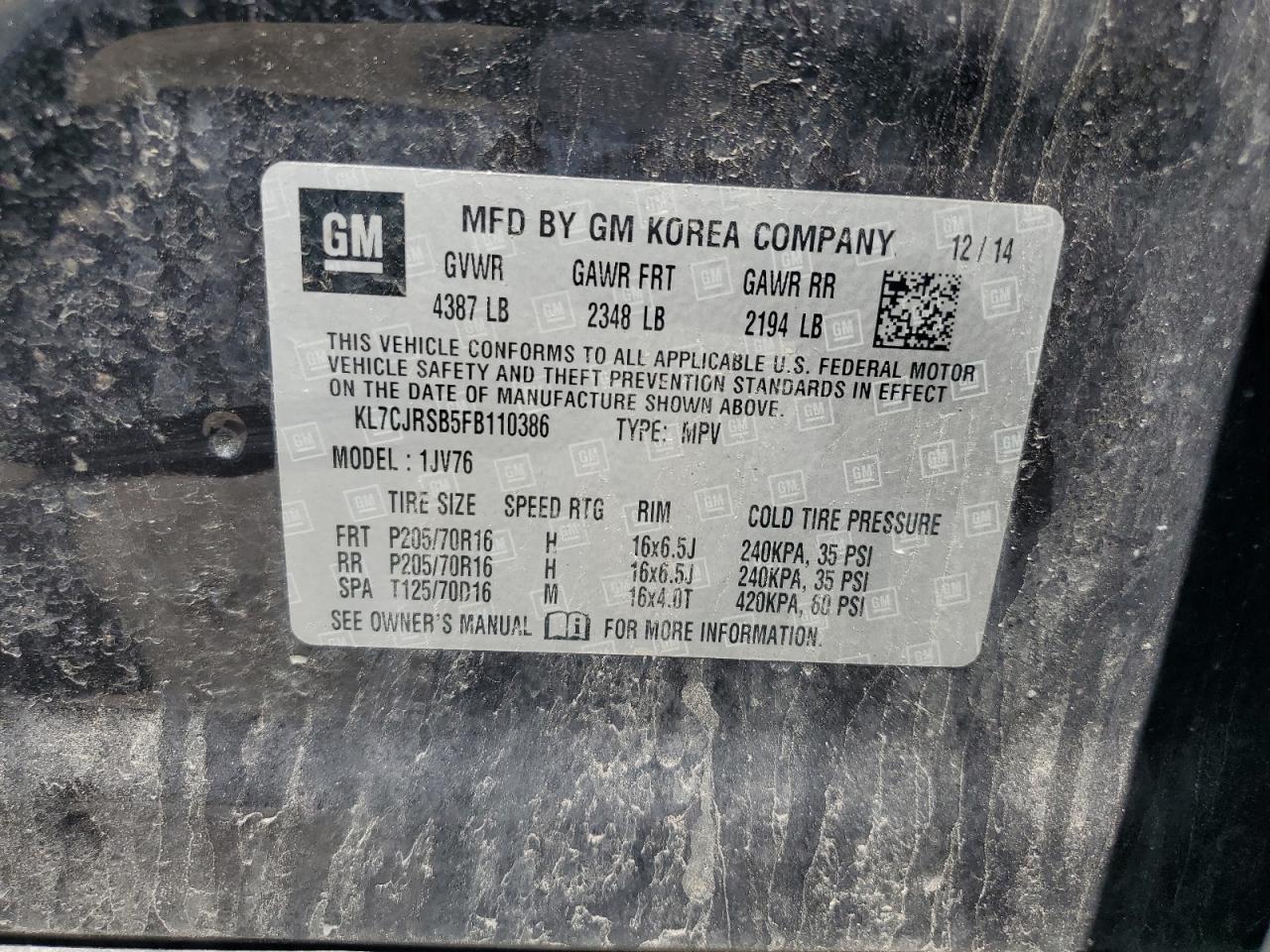 2015 Chevrolet Trax 1Lt VIN: KL7CJRSB5FB110386 Lot: 52163484