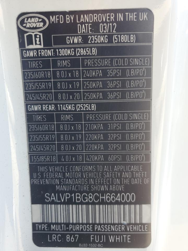 2012 Land Rover Range Rover Evoque Pure Plus VIN: SALVP1BG8CH664000 Lot: 51827924