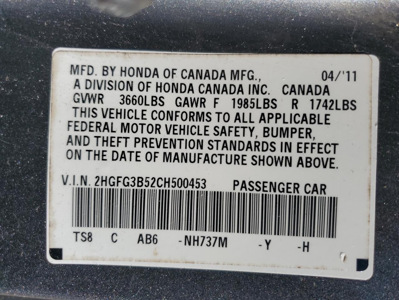 2012 Honda Civic Lx VIN: 2HGFG3B52CH500453 Lot: 49105514