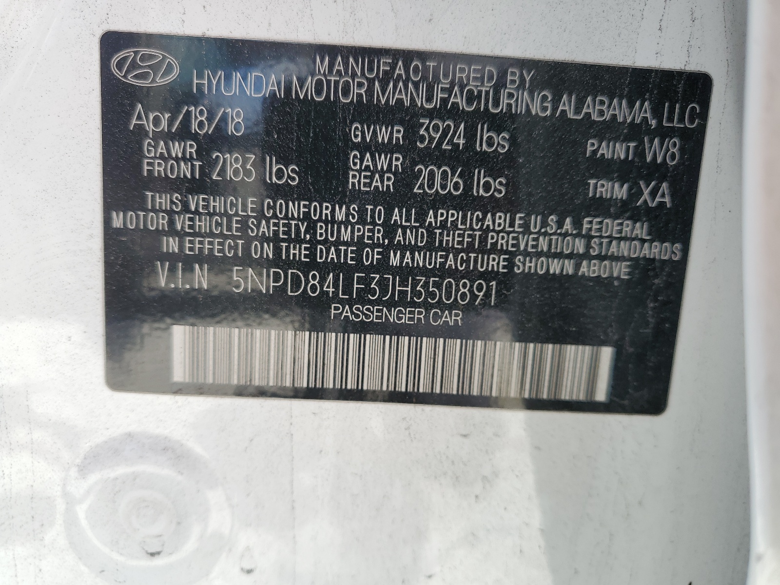 5NPD84LF3JH350891 2018 Hyundai Elantra Sel