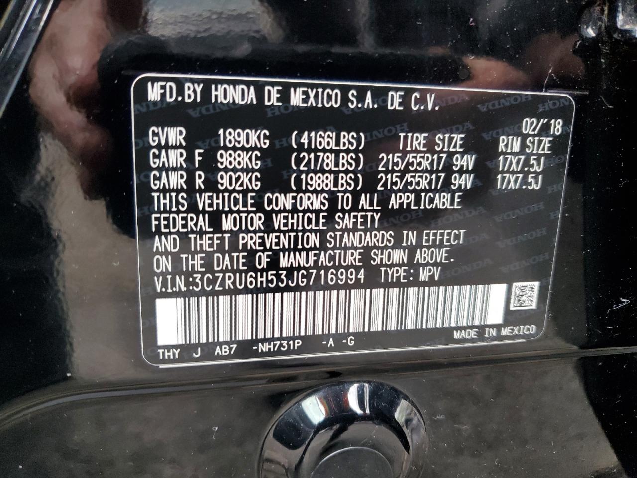 3CZRU6H53JG716994 2018 Honda Hr-V Ex