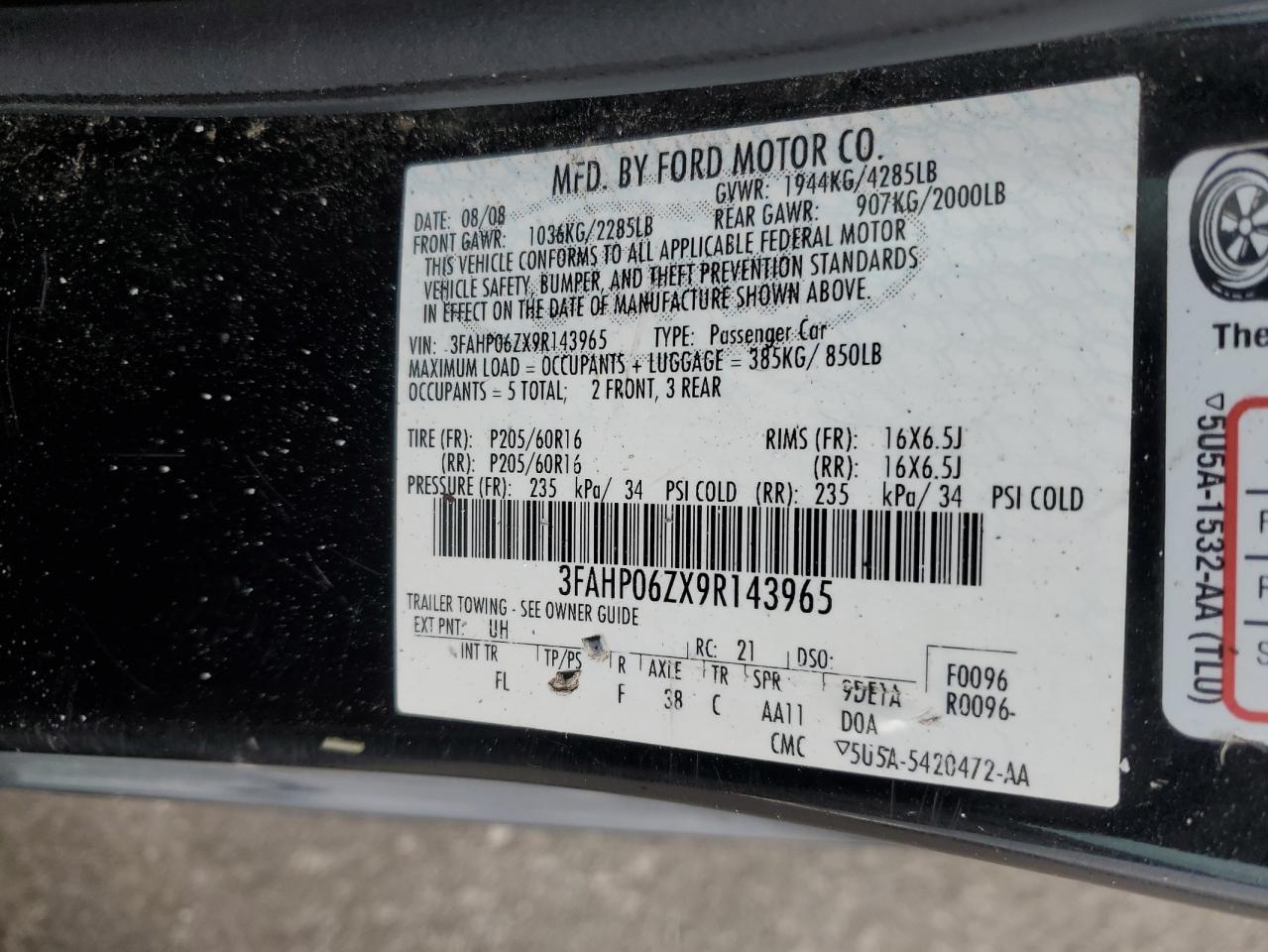 2009 Ford Fusion S VIN: 3FAHP06ZX9R143965 Lot: 50155504