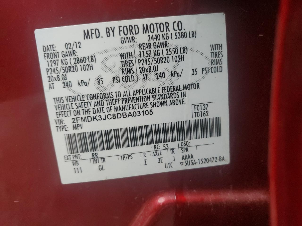 2013 Ford Edge Sel VIN: 2FMDK3JC8DBA03105 Lot: 51636974
