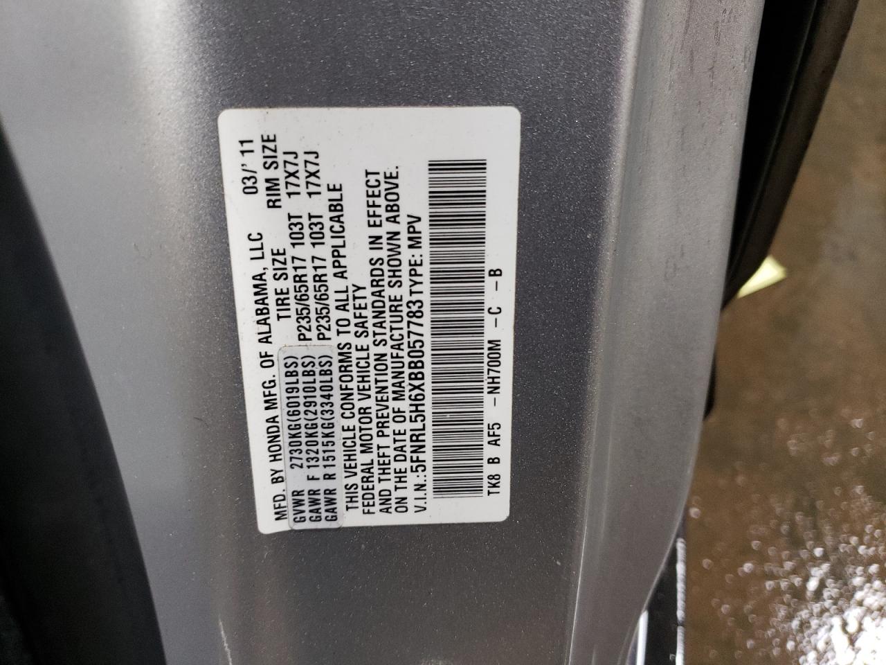 5FNRL5H6XBB057783 2011 Honda Odyssey Exl