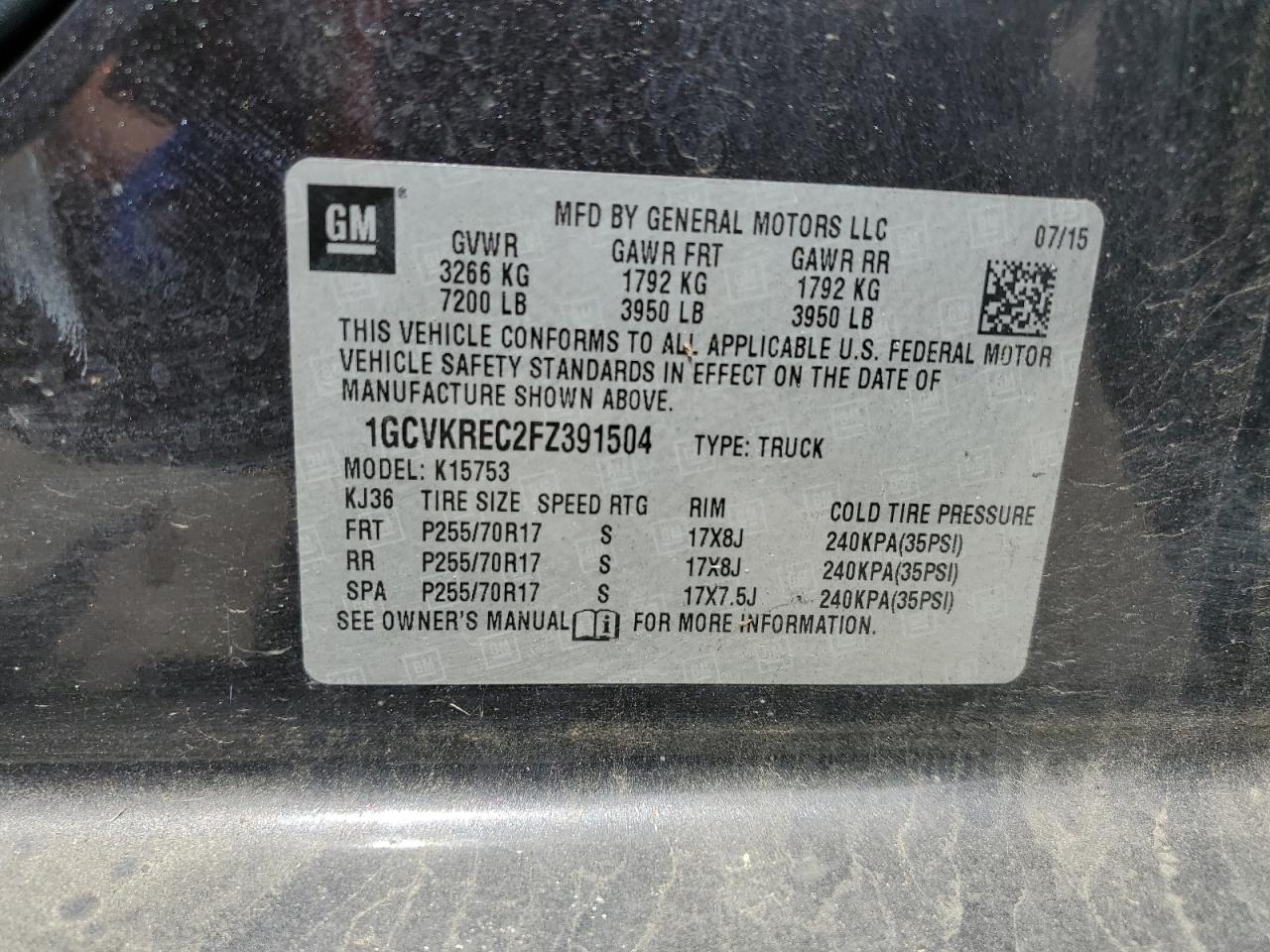 1GCVKREC2FZ391504 2015 Chevrolet Silverado K1500 Lt