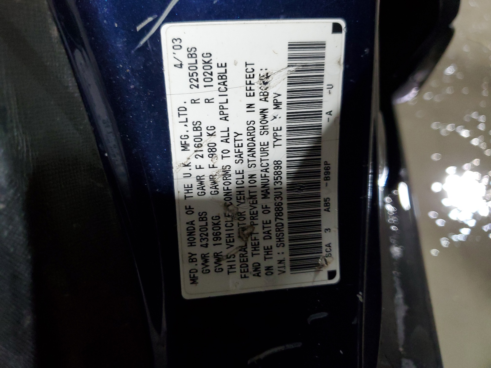 SHSRD78863U135898 2003 Honda Cr-V Ex