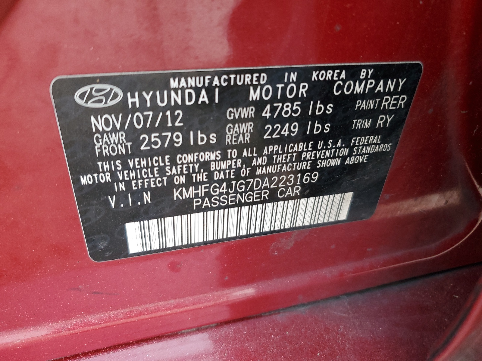 KMHFG4JG7DA223169 2013 Hyundai Azera