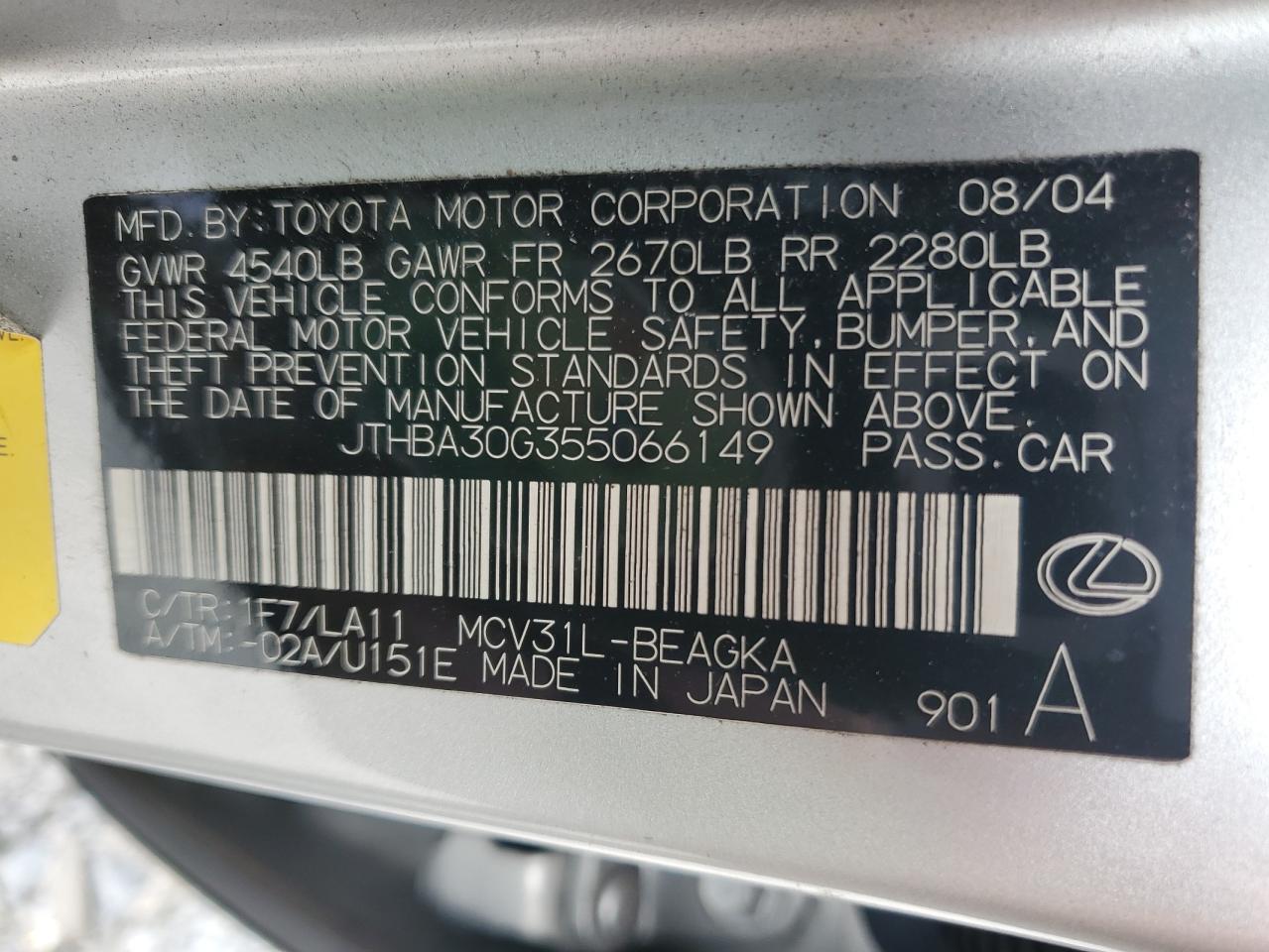 2005 Lexus Es 330 VIN: JTHBA30G355066149 Lot: 62538464