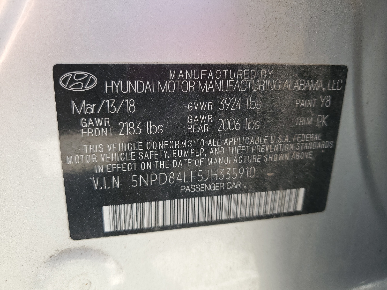 5NPD84LF5JH335910 2018 Hyundai Elantra Sel