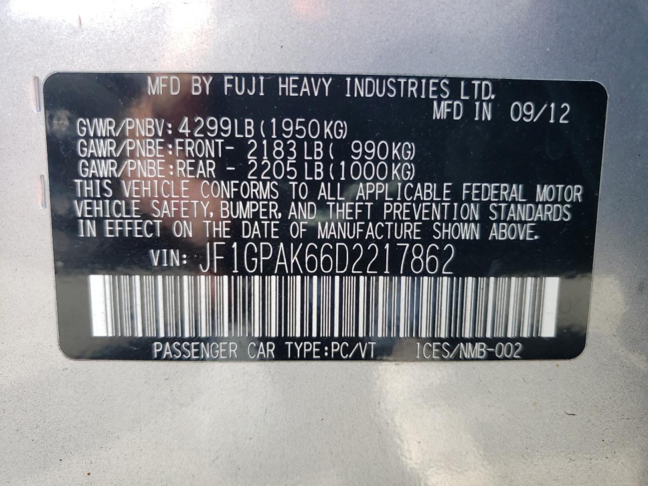 2013 Subaru Impreza Limited VIN: JF1GPAK66D2217862 Lot: 52151814