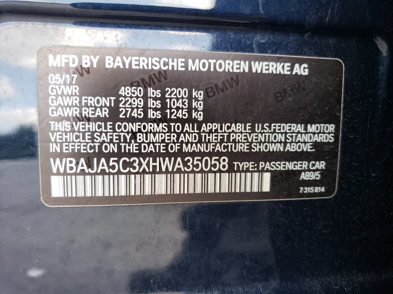 WBAJA5C3XHWA35058 2017 BMW 530 I