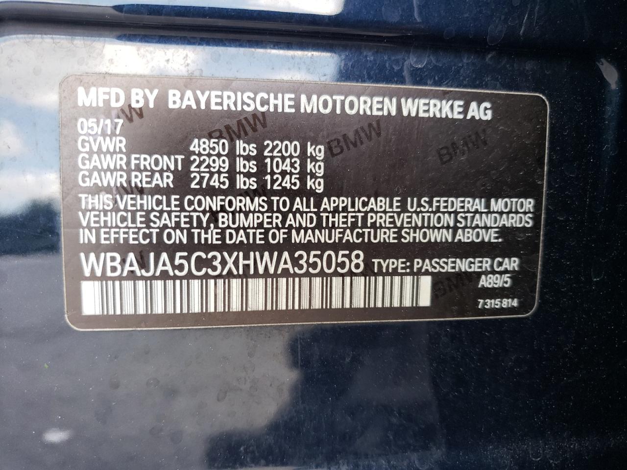 2017 BMW 530 I VIN: WBAJA5C3XHWA35058 Lot: 51714114