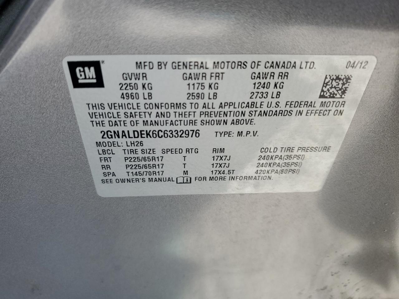 2GNALDEK6C6332976 2012 Chevrolet Equinox Lt