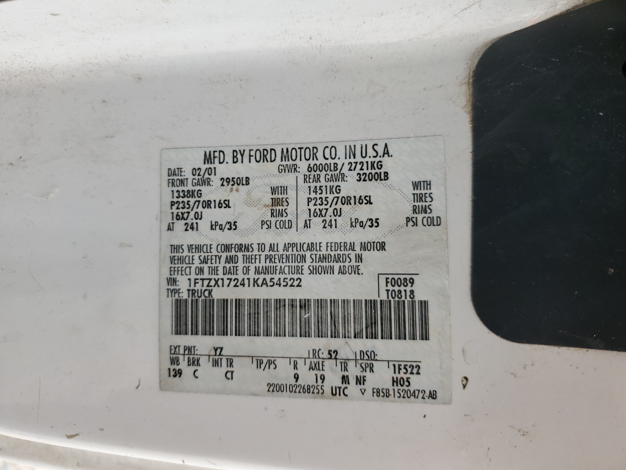 1FTZX17241KA54522 2001 Ford F150