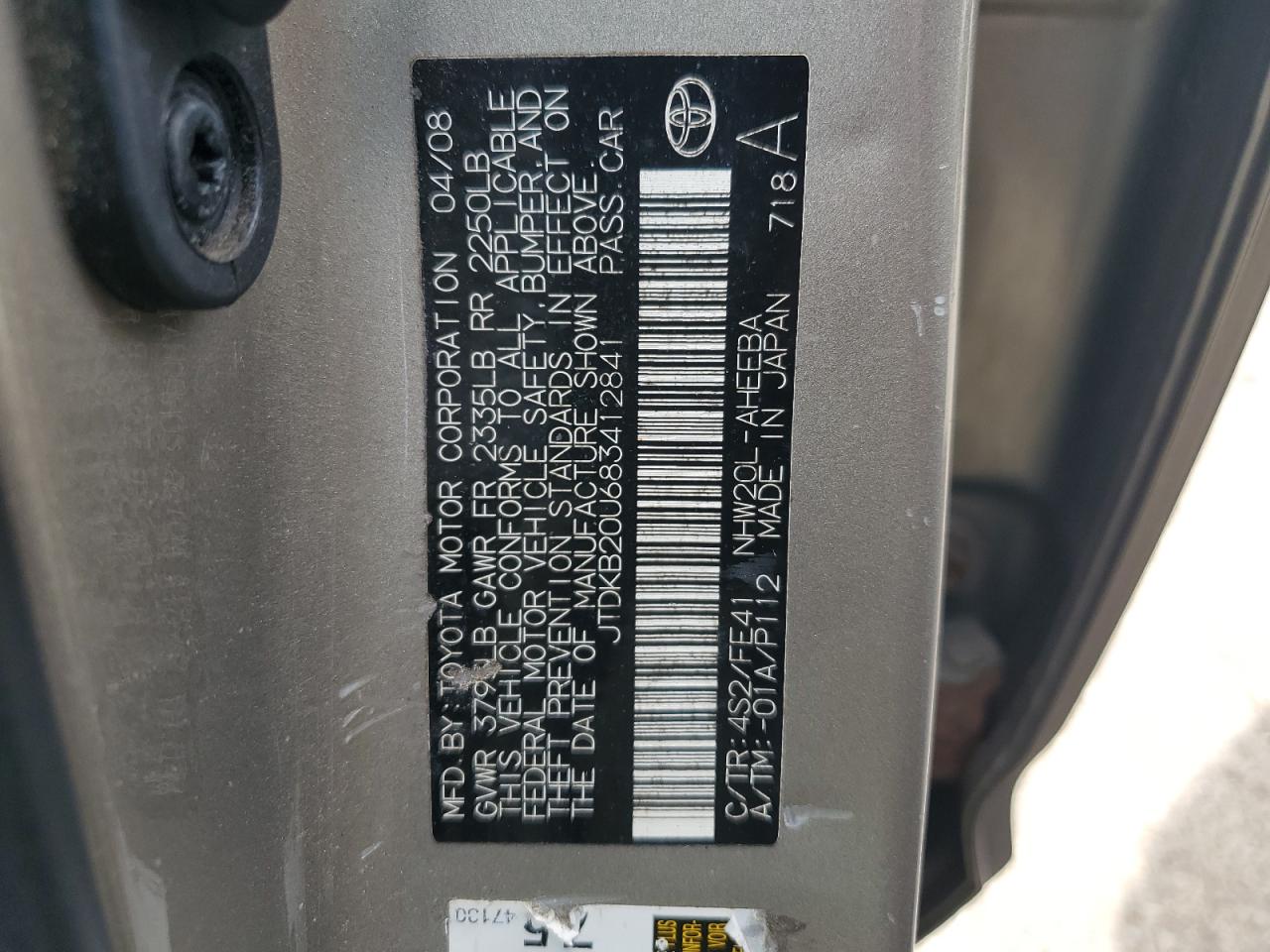 JTDKB20U683412841 2008 Toyota Prius