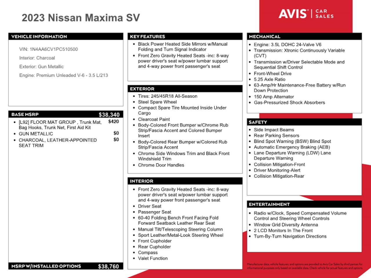 1N4AA6CV1PC510500 2023 Nissan Maxima Sv