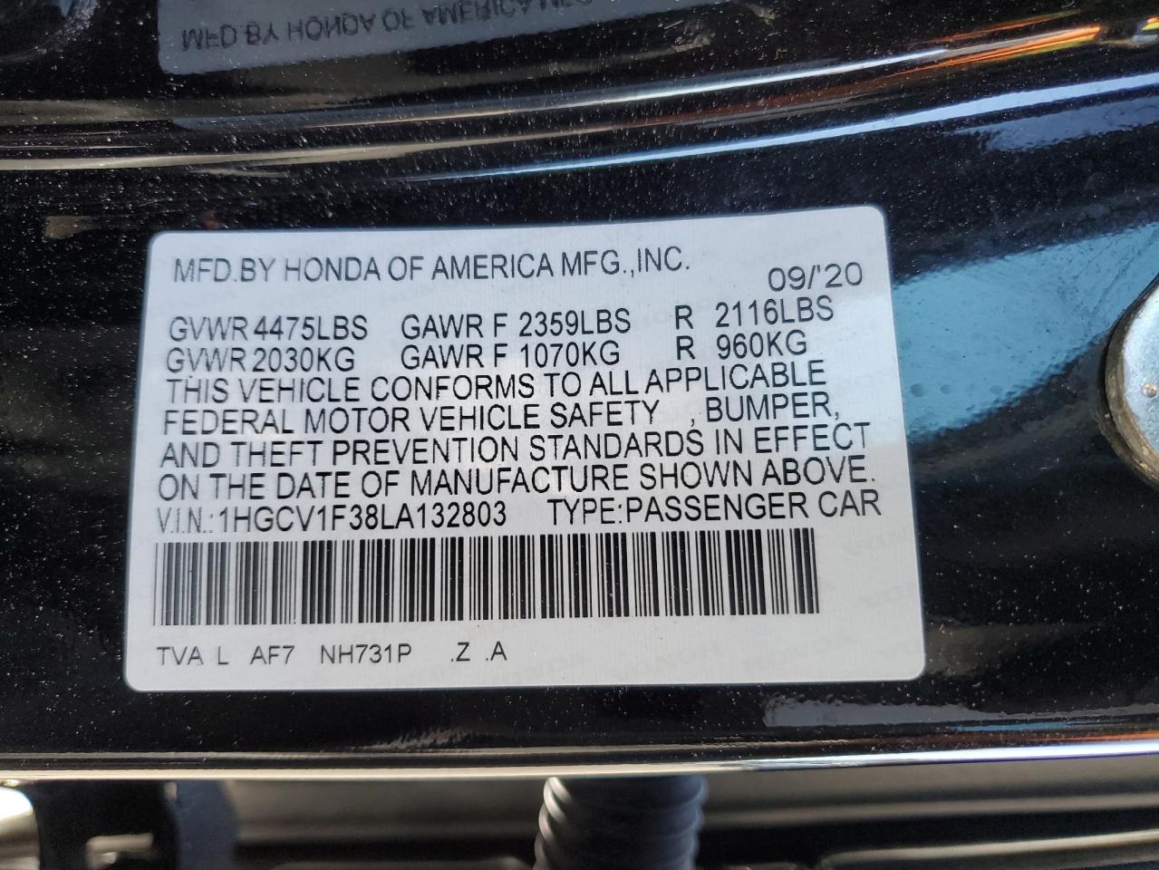 1HGCV1F38LA132803 2020 Honda Accord Sport