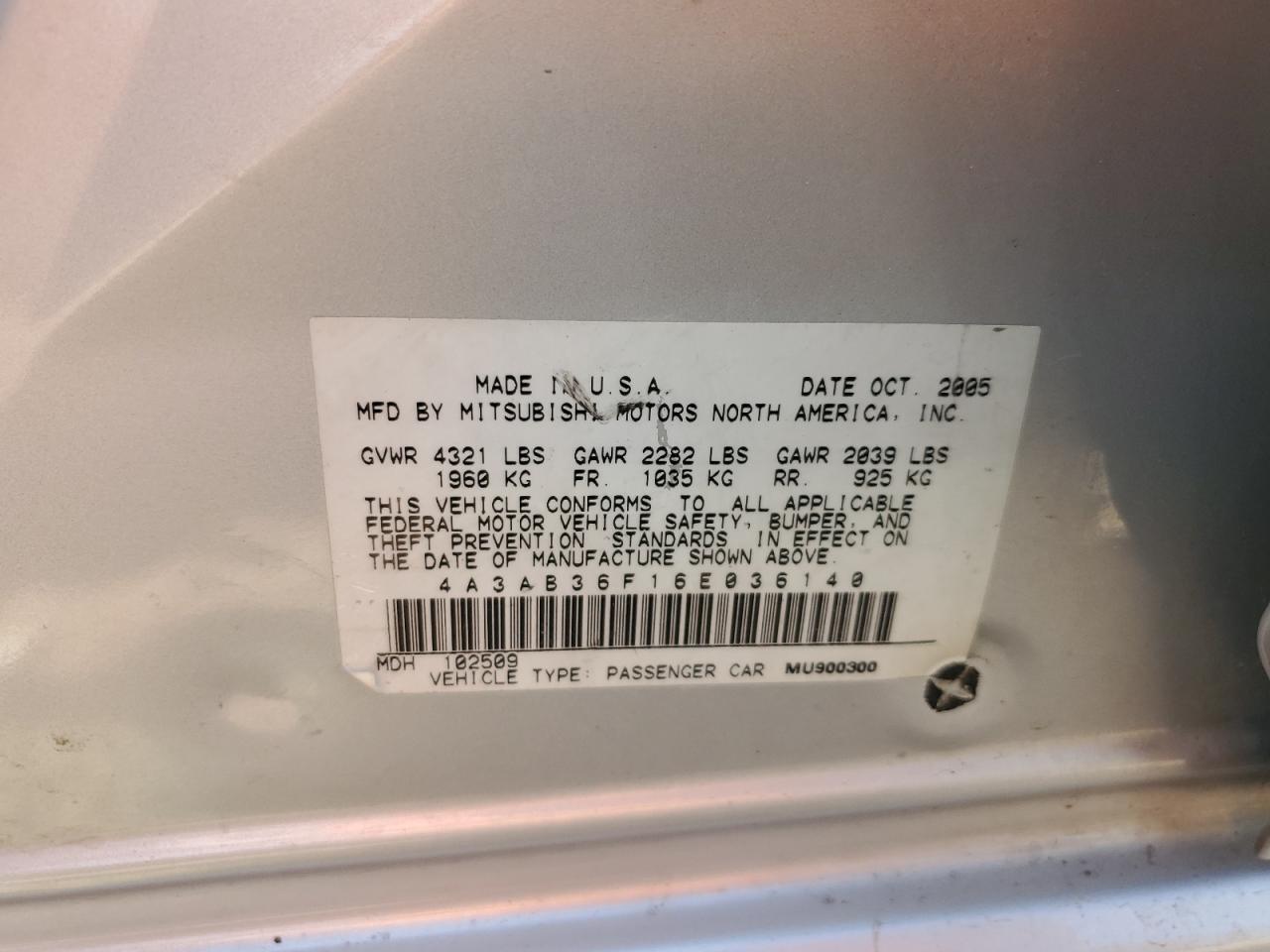 2006 Mitsubishi Galant Es Medium VIN: 4A3AB36F16E036140 Lot: 51929944