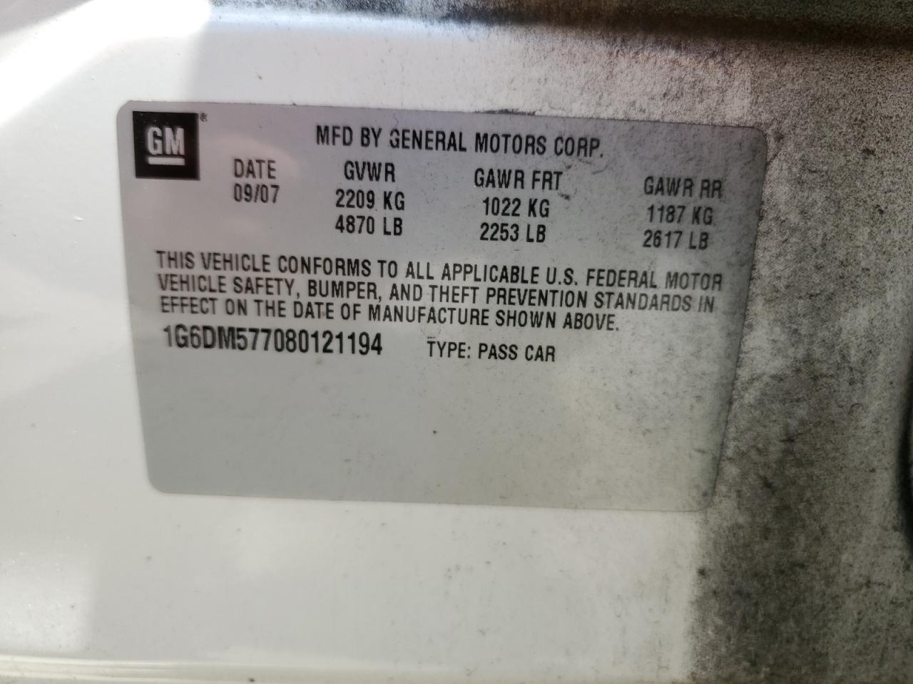 2008 Cadillac Cts VIN: 1G6DM577080121194 Lot: 59200284