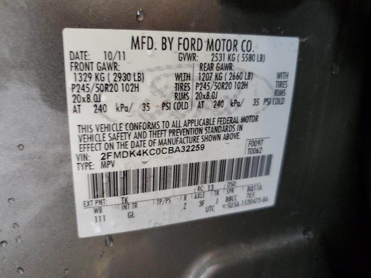 2FMDK4KC0CBA32259 2012 Ford Edge Limited