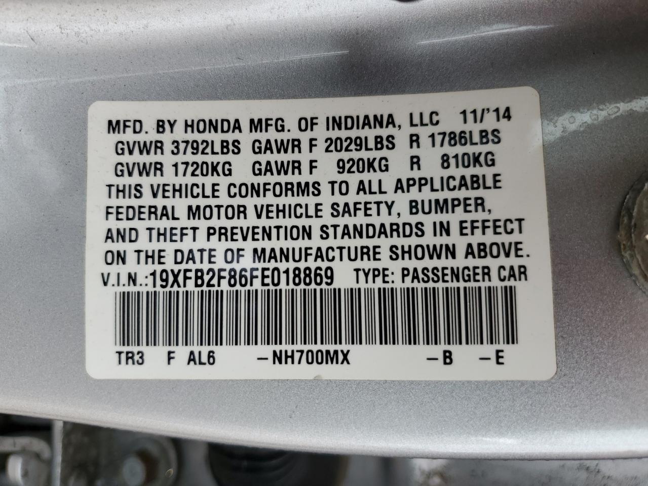 19XFB2F86FE018869 2015 Honda Civic Ex