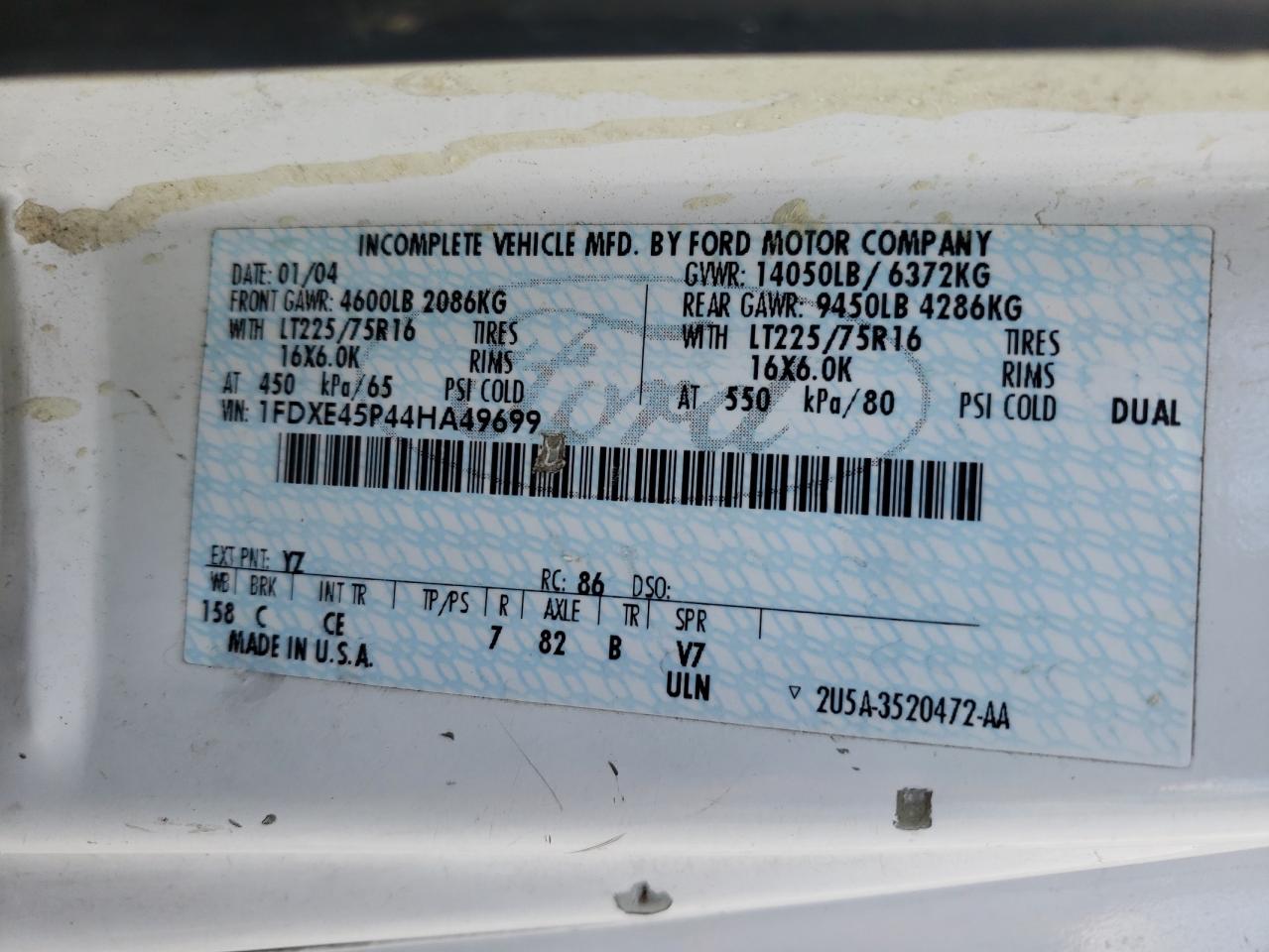 2004 Ford Econoline E450 Super Duty Cutaway Van VIN: 1FDXE45P44HA49699 Lot: 49992414