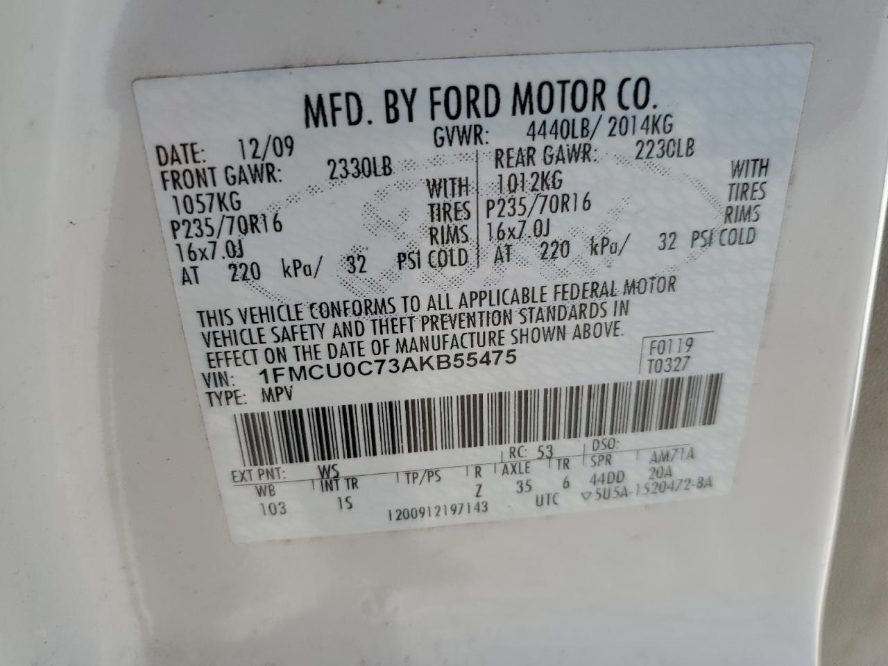 2010 Ford Escape Xls VIN: 1FMCU0C73AKB55475 Lot: 51086024