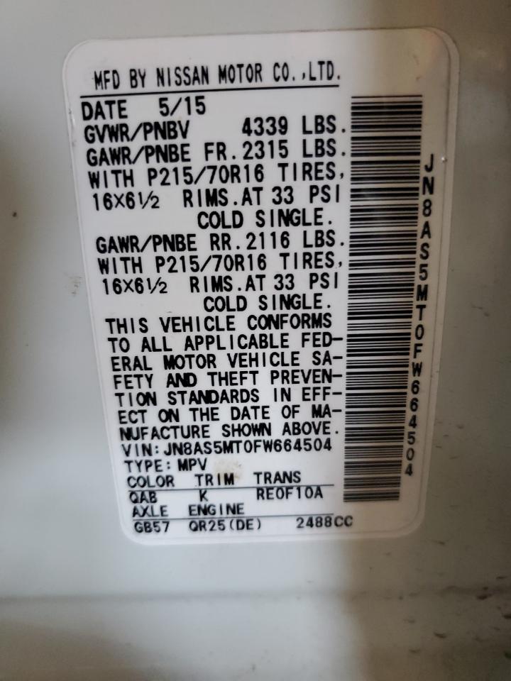 2015 Nissan Rogue Select S VIN: JN8AS5MT0FW664504 Lot: 49986234