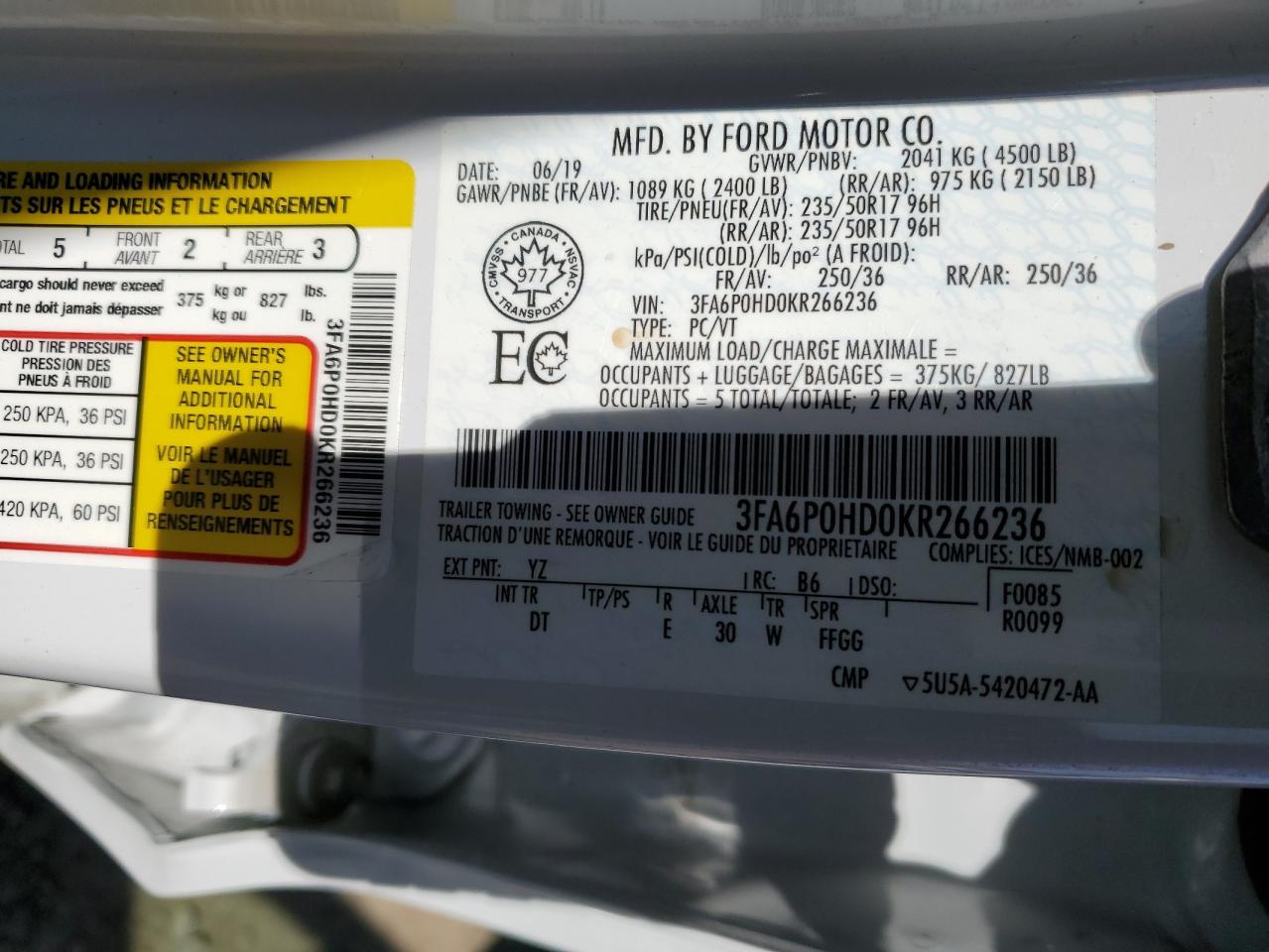 3FA6P0HD0KR266236 FORD FUSION 2019