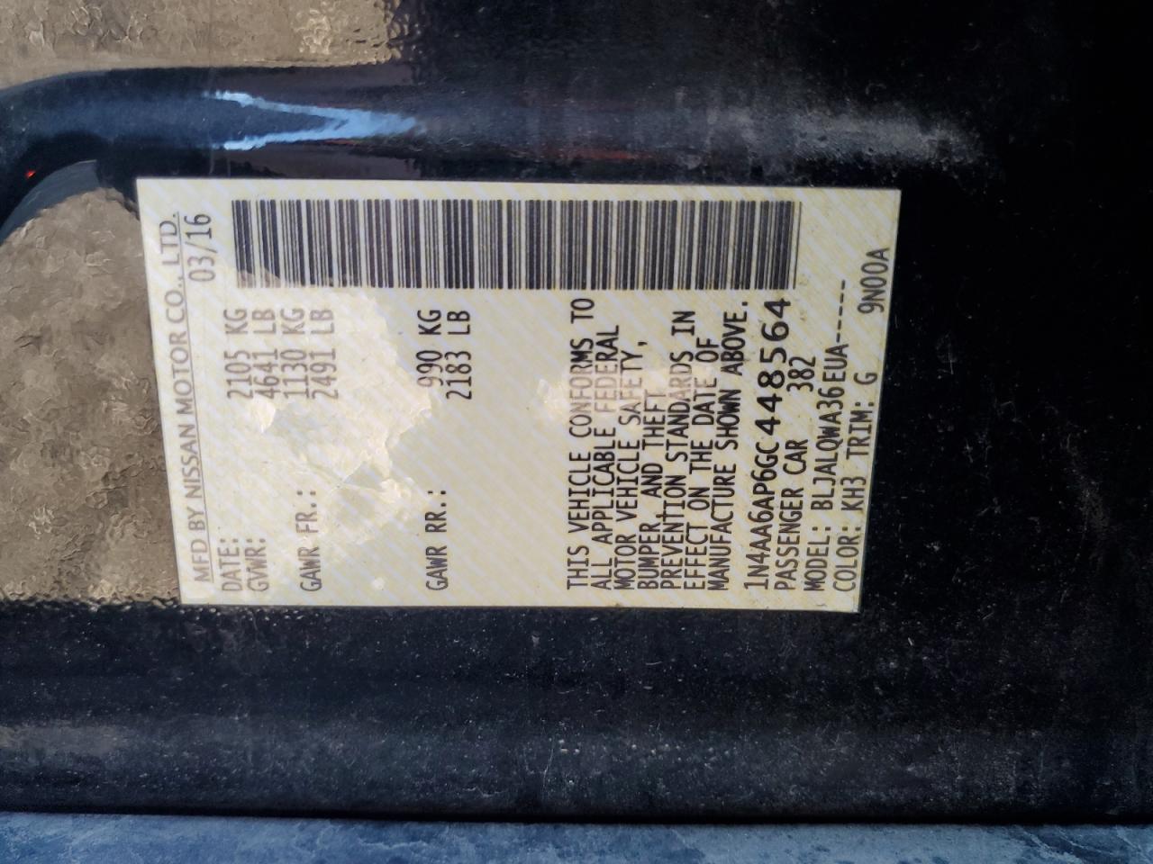 2016 Nissan Maxima 3.5S VIN: 1N4AA6AP6GC448564 Lot: 50788594