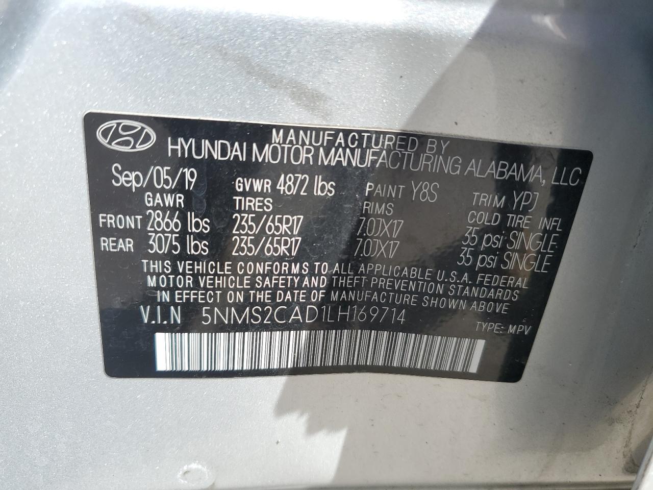 5NMS2CAD1LH169714 2020 Hyundai Santa Fe Se